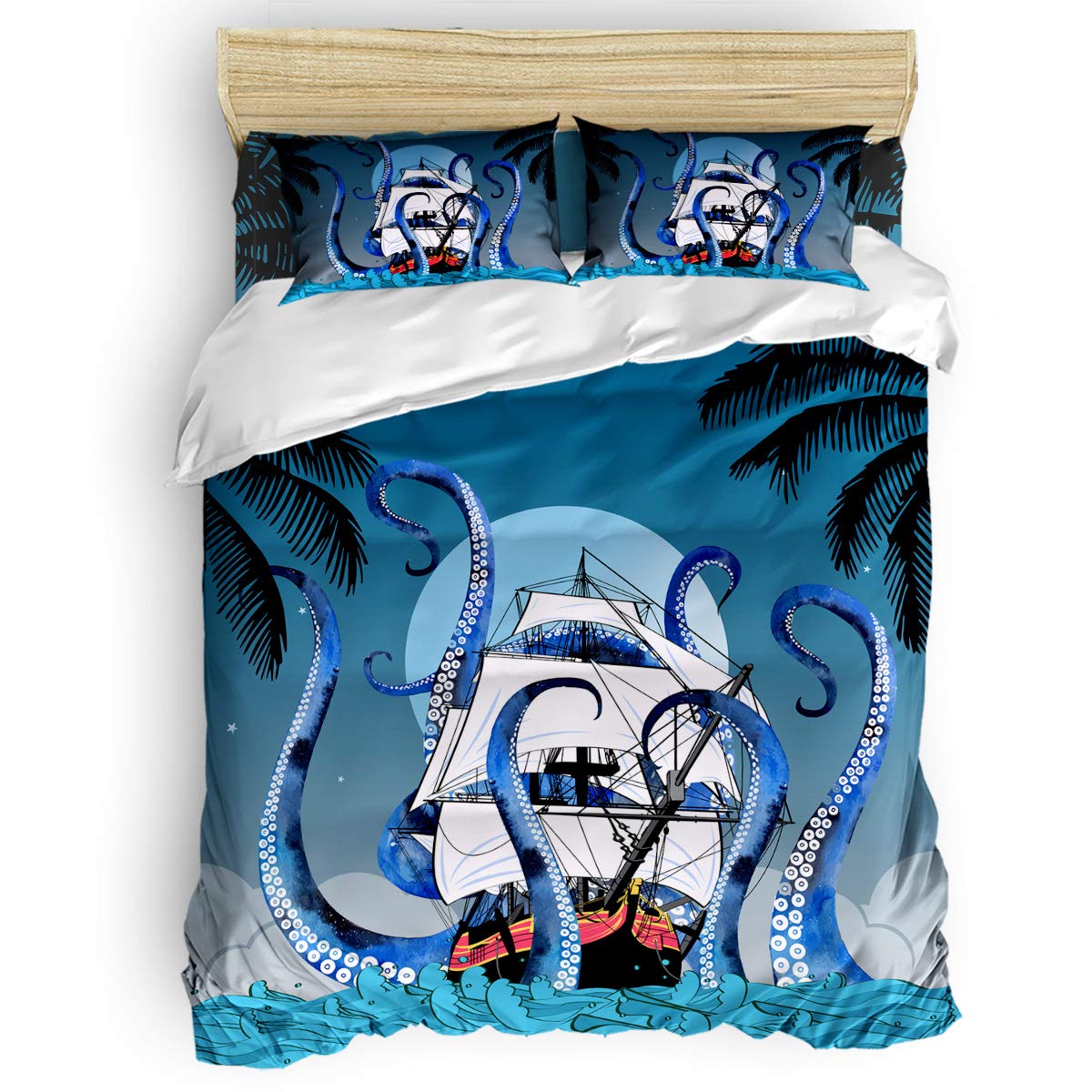 4-Piece Octopus Boat Animal Print Duvet Cover Set - Soft Bedding Set with 1 Duvet Cover, 1 Fitted Sheet & 2 Pillowcases - Coastal Nautical Themed Home Decor for Kids' Room, Guest Bedroom or Beach House