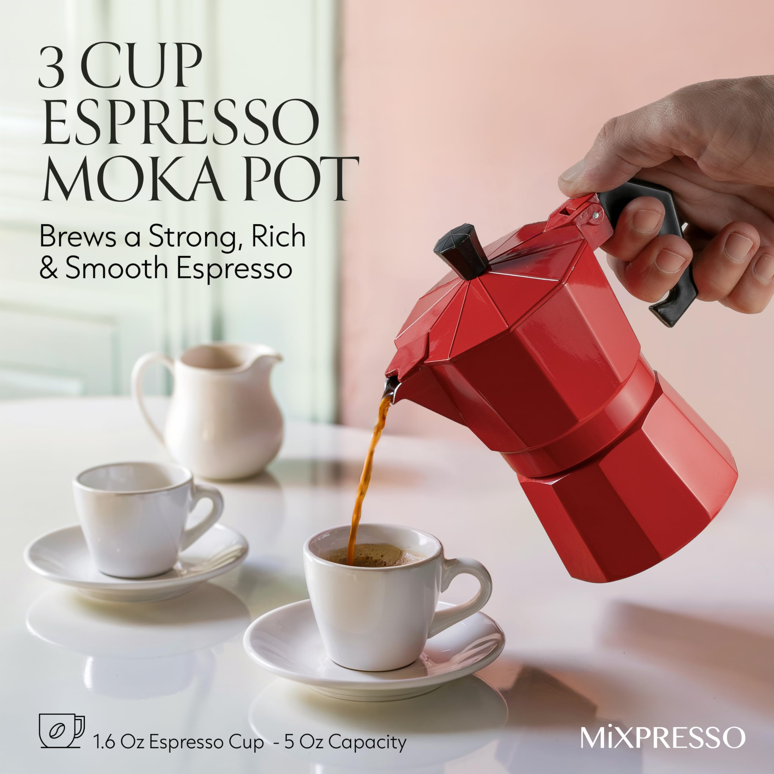 Mixpresso Aluminum Moka Stove Top Coffee Maker with 5oz Coffee Mug - Classic Italian Espresso Maker for Gas & Electric Stoves - 3 Cup Greca Moka Pot for Home, Office & Camping Use