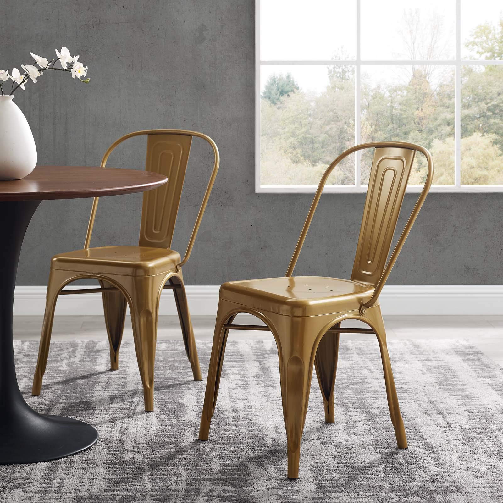 Modway Promenade Industrial Modern Steel Metal Bistro Dining Chairs in Gold - Set of 2 | Stylish Bar Stools for Kitchen, Cafe & Restaurant | Durable Metal Chairs for Indoor & Outdoor Use