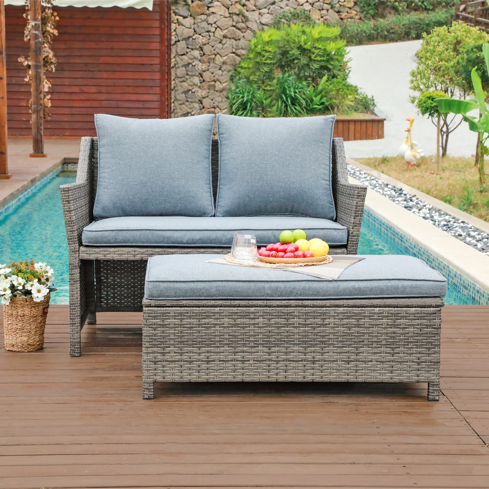 OC Orange-Casual 2-Piece Outdoor Patio Furniture Set - Grey Rattan Wicker Loveseat with Coffee Table & Built-in Storage Bin, Includes Grey Cushions - Perfect for Garden, Balcony, and Poolside Relaxation
