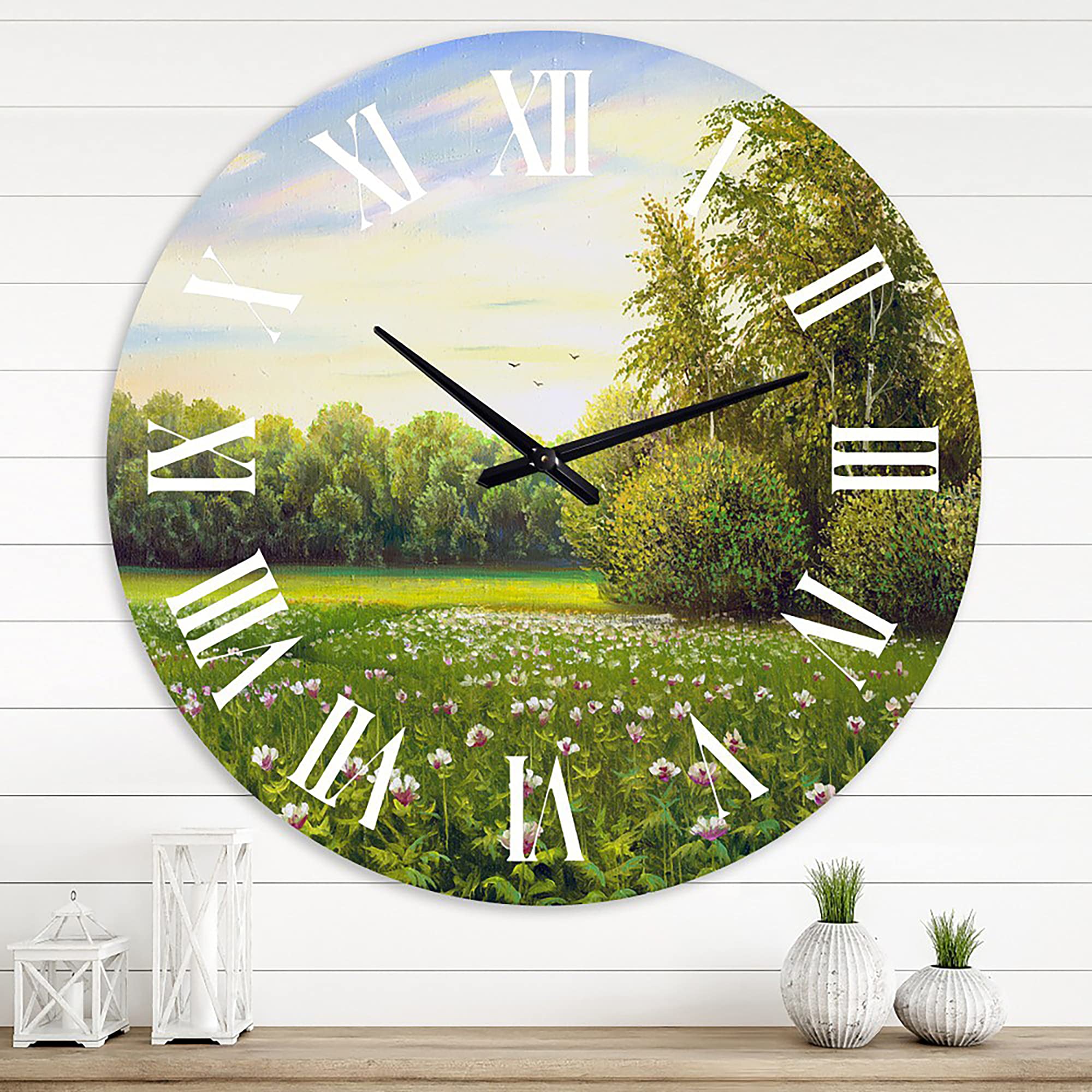 DesignQ Large Country Wall Clock 'Spring Trees by The Meadows' - Nature Landscape Wall Decor for Bedroom, Living Room & Office - Perfect Farmhouse Home Décor