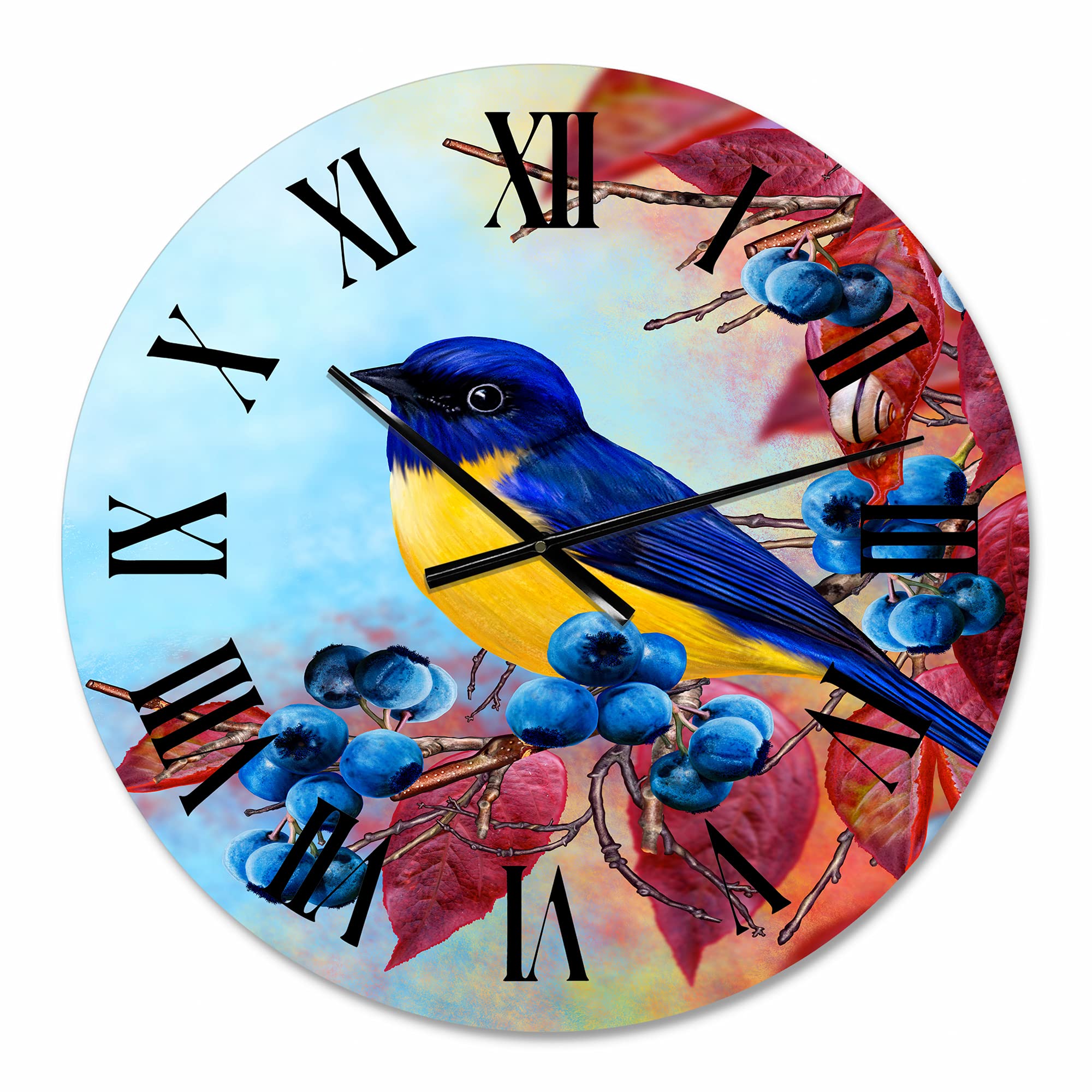 Bright Bird Bullfinch Sitting on Branch - Large Traditional Wall Clock for Living Room, Bedroom, Office Decor | Silent Non-Ticking, Battery Operated Home Décor