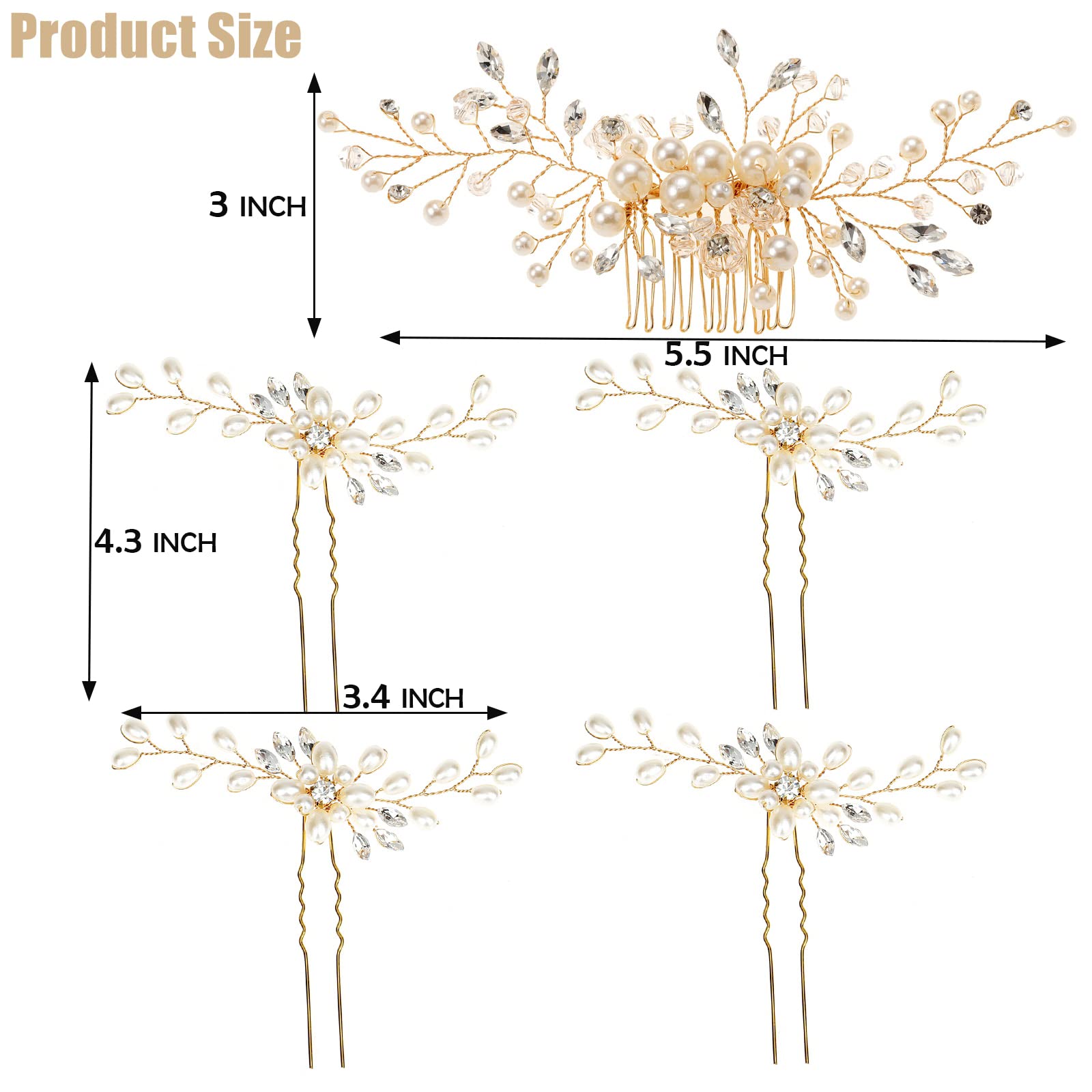 Elegant Pearl Crystal Rhinestone Wedding Hair Comb & 4 Hairpins Set - Bridal Hair Accessories for Bride, Bridesmaids & Women (Gold, 5-Piece) - Perfect for Weddings, Prom, Parties & Special Occasions