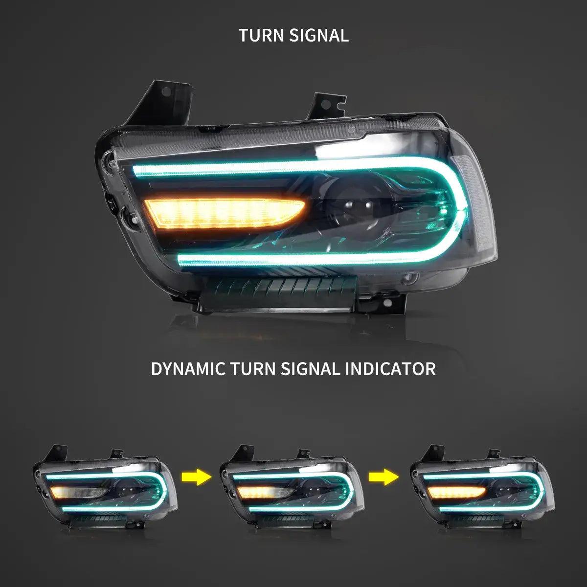 RGB LED Headlight Assembly with Dual Beam Projector - Compatible with 2011-2014 Dodge Charger (LD) - Black Housing - Upgrade for Night Driving & Car Customization