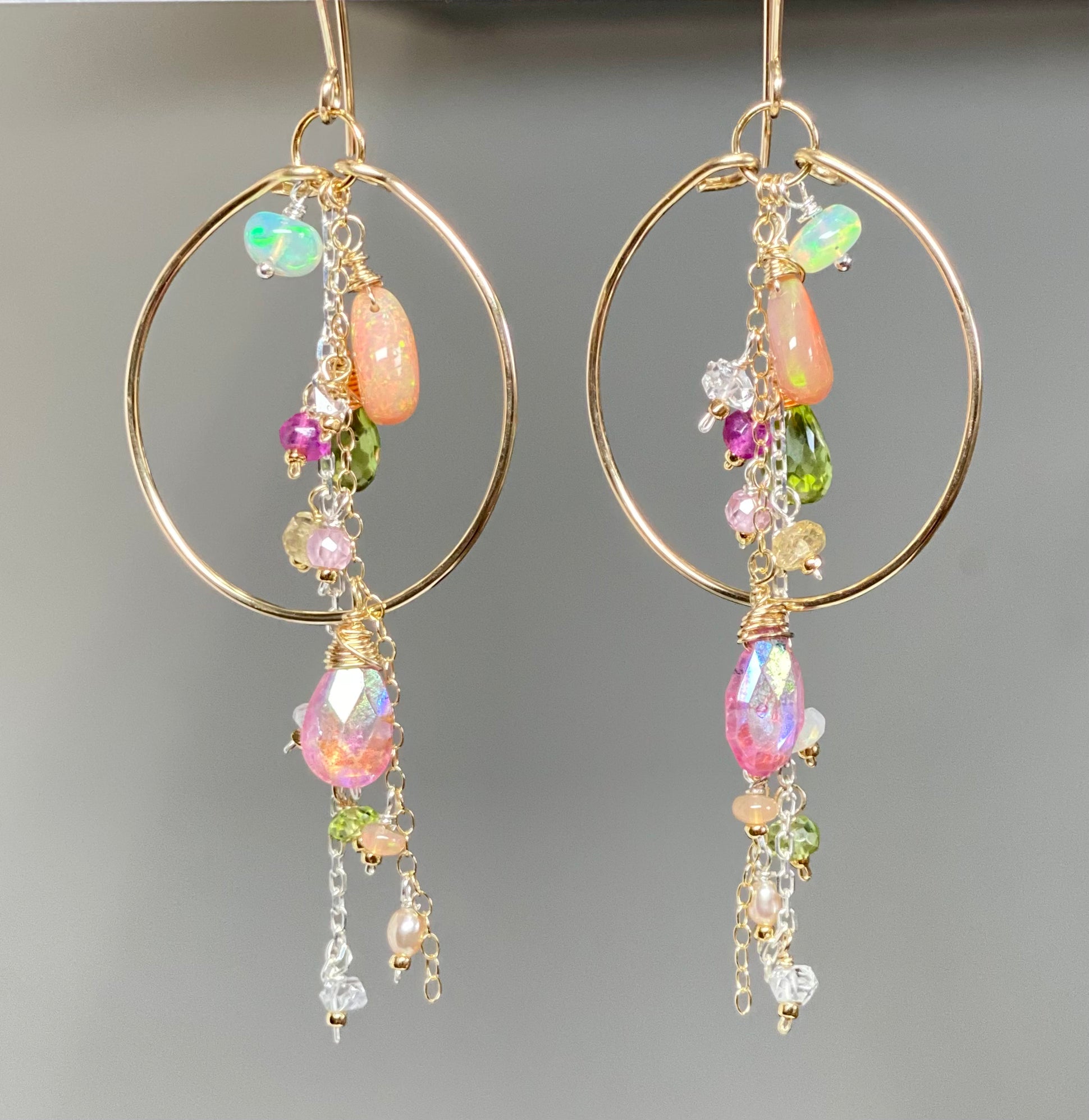 14K Gold Filled Hoop Earrings with Opal & Peridot Gemstone Dangles - Elegant Dangle Earrings for Women, Perfect for Weddings, Parties & Everyday Wear