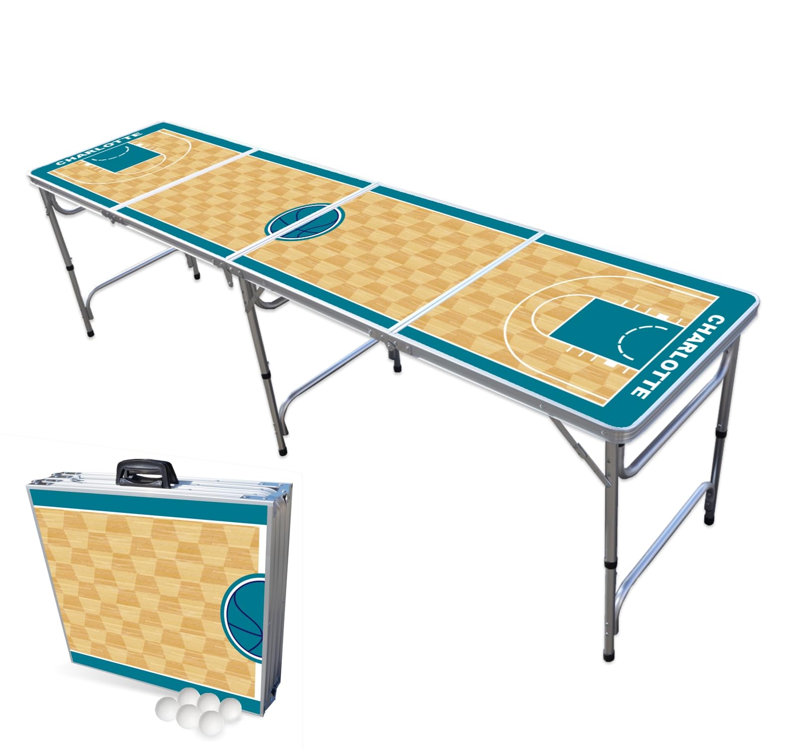 8-Foot Folding Portable Beer Pong Table with LED Lights & Optional Cup Holders - Charlotte Basketball Court Design for Indoor/Outdoor Parties, Tailgates & Game Nights