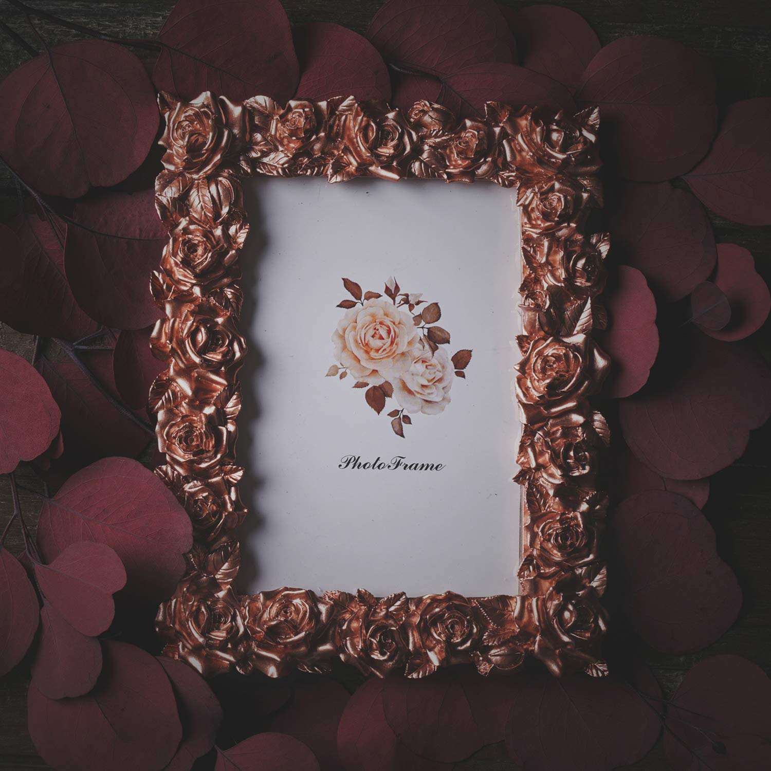 5x7 Inch Rose Gold Resin Picture Frame with Rose Flower Design & HD Plexiglass - Elegant Tabletop Photo Display for Home, Office, Wedding Decor & Gift Giving