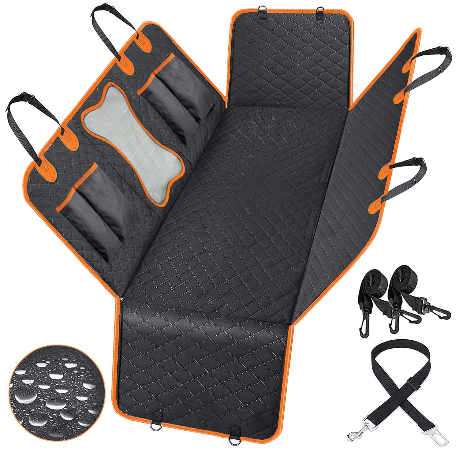 Waterproof Dog Car Seat Cover with Mesh Window & Seat Belt - Durable Non-Slip Pet Hammock for Cars, Trucks, SUVs (Orange) | Perfect for Road Trips, Vet Visits & Outdoor Adventures