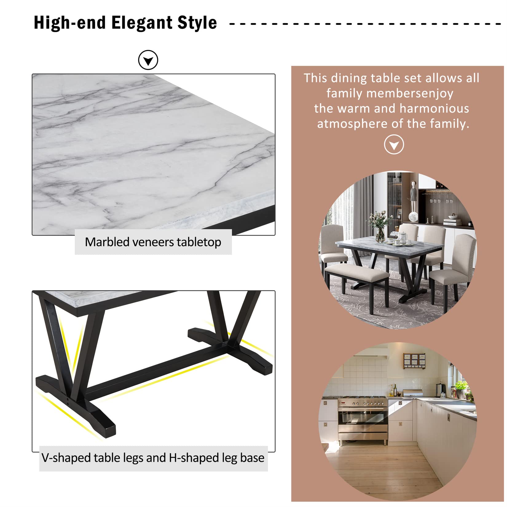6-Piece Wooden Dining Table Set with Marbled Veneer Tabletop & 4 Upholstered Chairs + Bench - Urban Style Kitchen Dinette for 6 People | Perfect for Small Spaces, Breakfast Nooks & Modern Apartments
