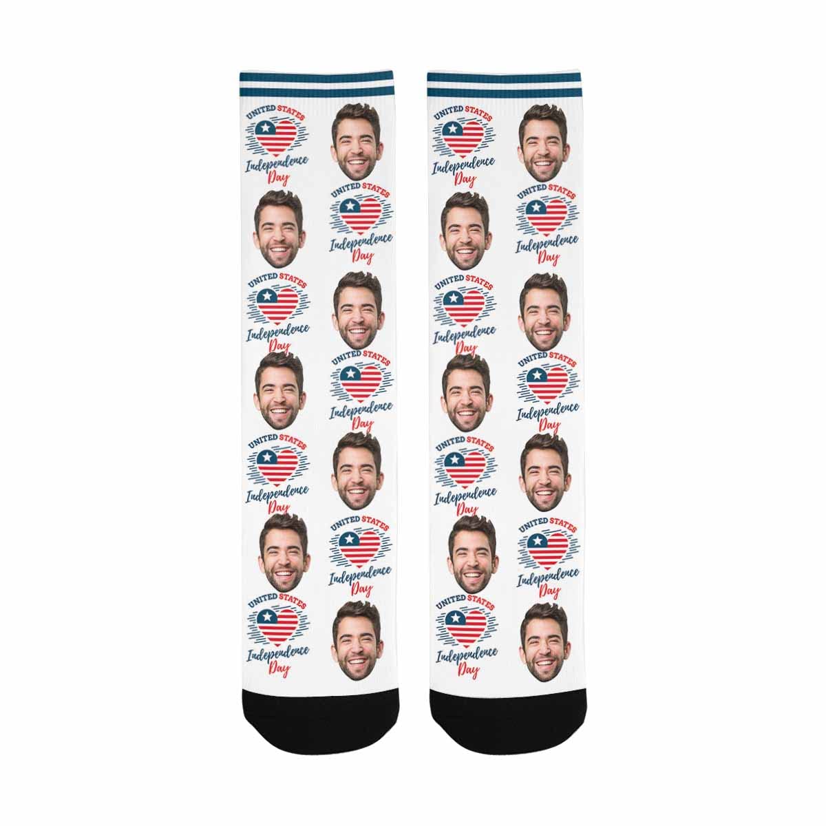 Custom American Flag Socks with Face - Personalized Patriotic Socks for Men & Women - Unisex July 4th Celebration Socks - Perfect for Independence Day, Veterans Day & Patriotic Events