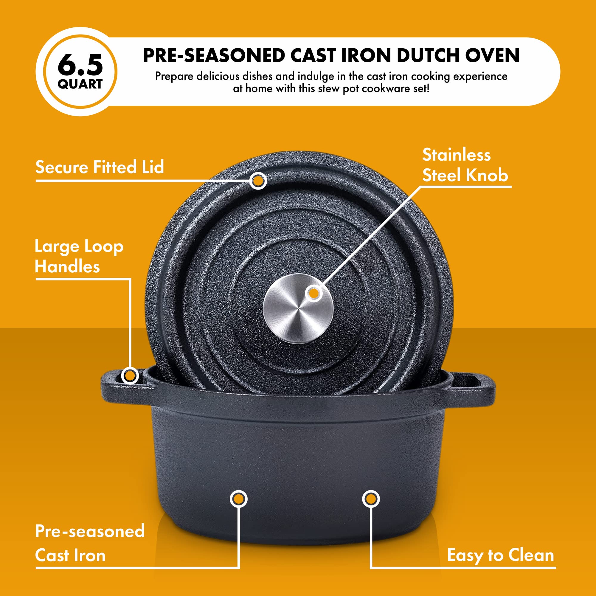 Bruntmor 5.2 Quart Pre-Seasoned Cast Iron Dutch Oven with Lid - Black Cast Iron Skillet for Casseroles, Braising, Baking & Roasting - Induction Compatible Cookware - Perfect for Camping, Home Cooking & Outdoor BBQ