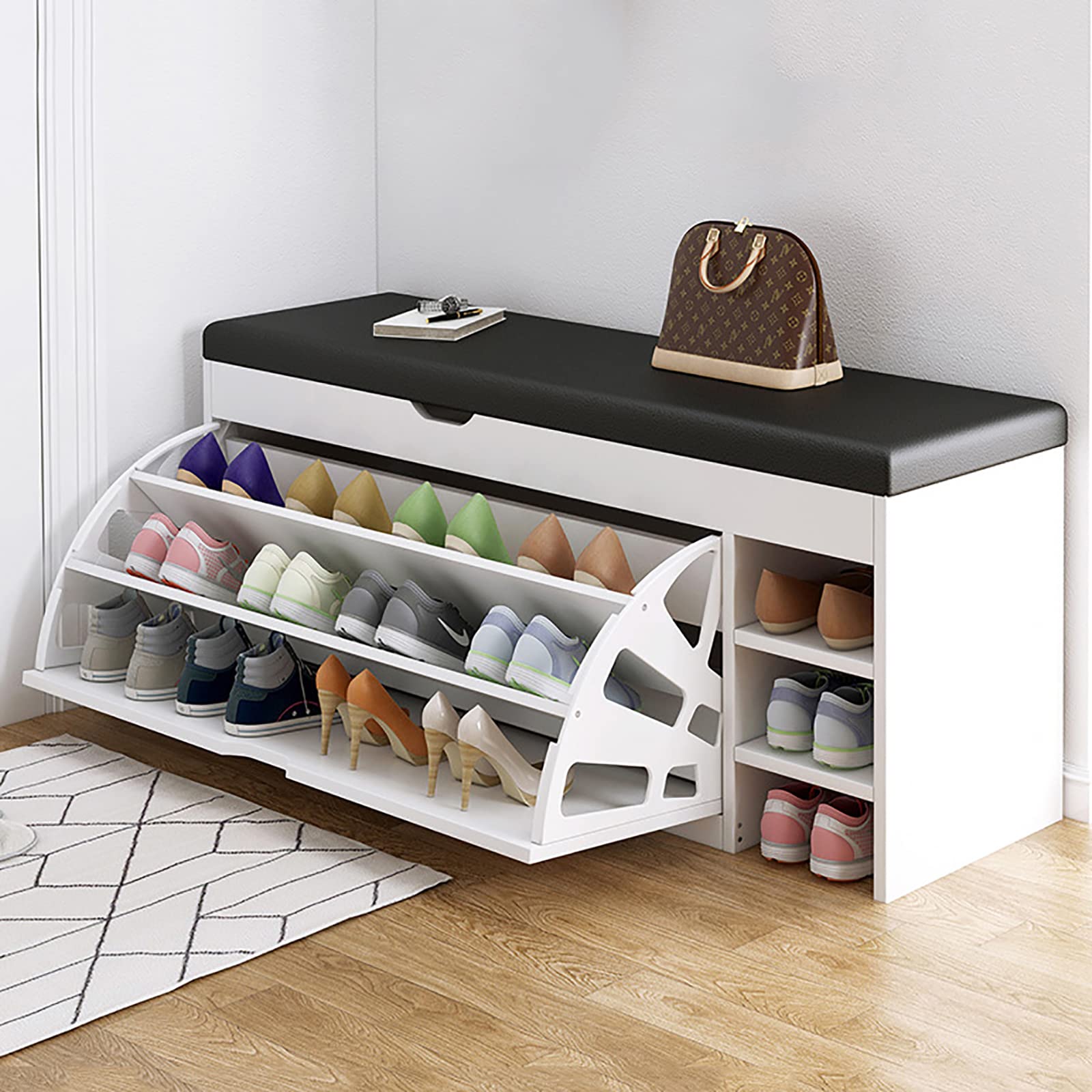 U&Q White Modern Shoe Storage Bench with Hidden Shoe Rack - Entryway Shoe Cabinet Organizer with Large Top Storage - Multi-Purpose Shoe Cubby Bench Seat (100x34x60cm/39x13x24in) - Perfect for Hallway, Bedroom & Closet Organization