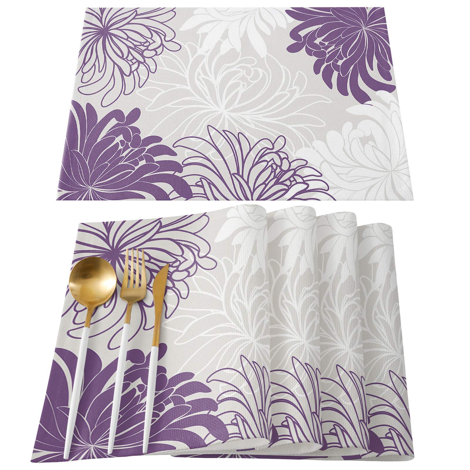 ARTSHOWING Set of 4 Heat-Resistant Linen Placemats - 12x18 Inch Floral Rectangle Table Mats in Chrysanthemum Flower Design (Purple, Grey, White) for Dining Table, Kitchen, and Home Decor