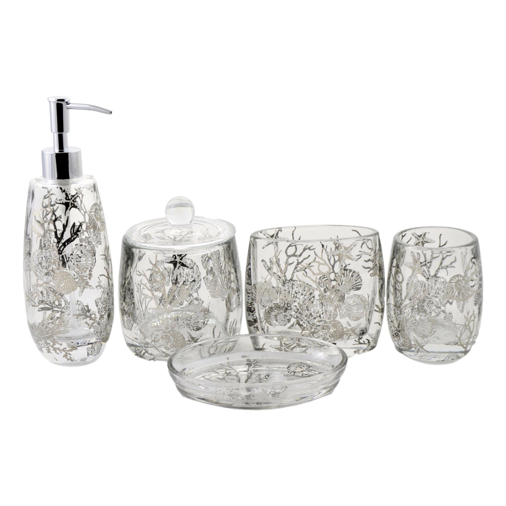 5-Piece Glass Bathroom Accessories Set with Antler Design - Nature Inspired Home Decor for Bathroom, Spa, and Cabin Style Decorating
