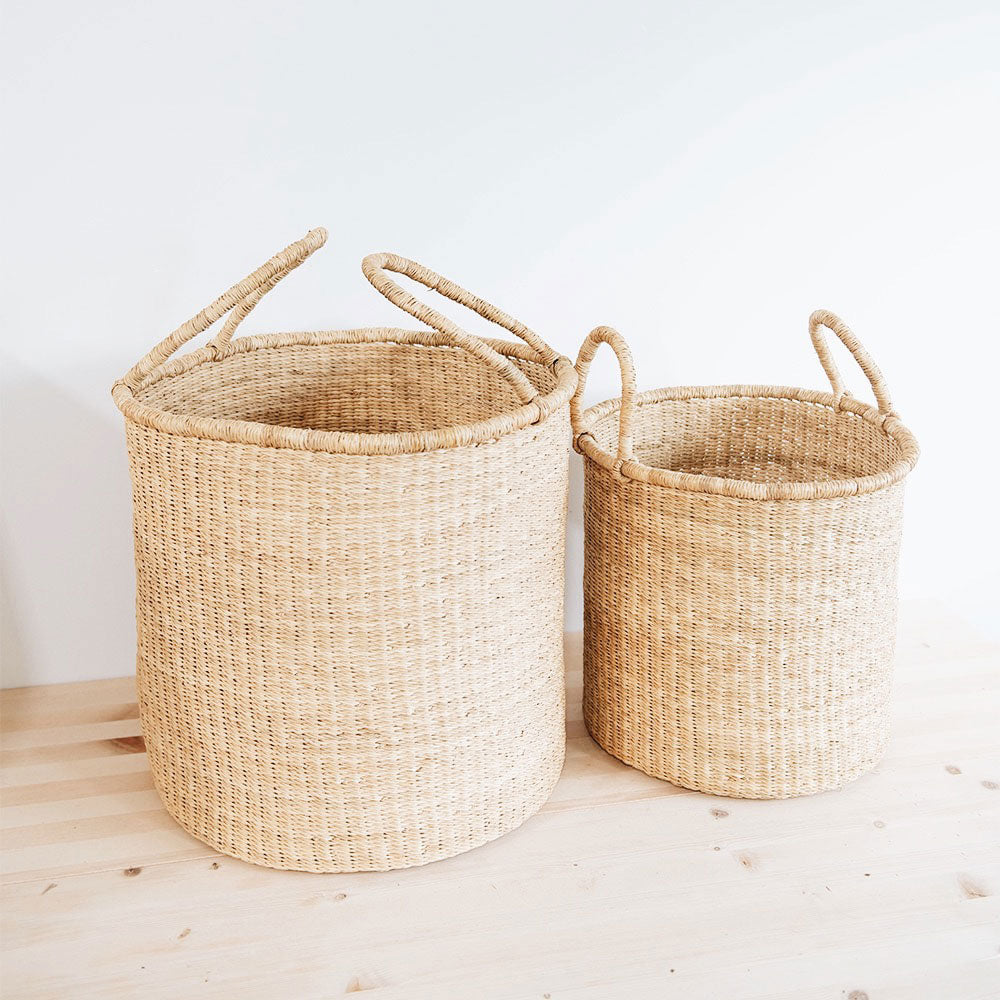 Natural Bolga Hamper Basket Set with Two Handles - Handwoven African Storage Basket for Laundry, Blankets & Toys - Perfect for Home Organization & Decor