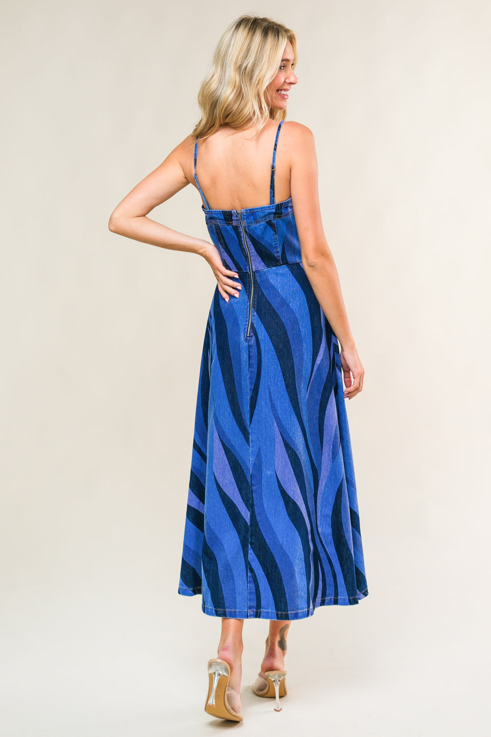 Blue Waves Patterned Denim Midi Dress for Women - Stylish Casual Summer Outfit for Beach, Brunch & Date Night