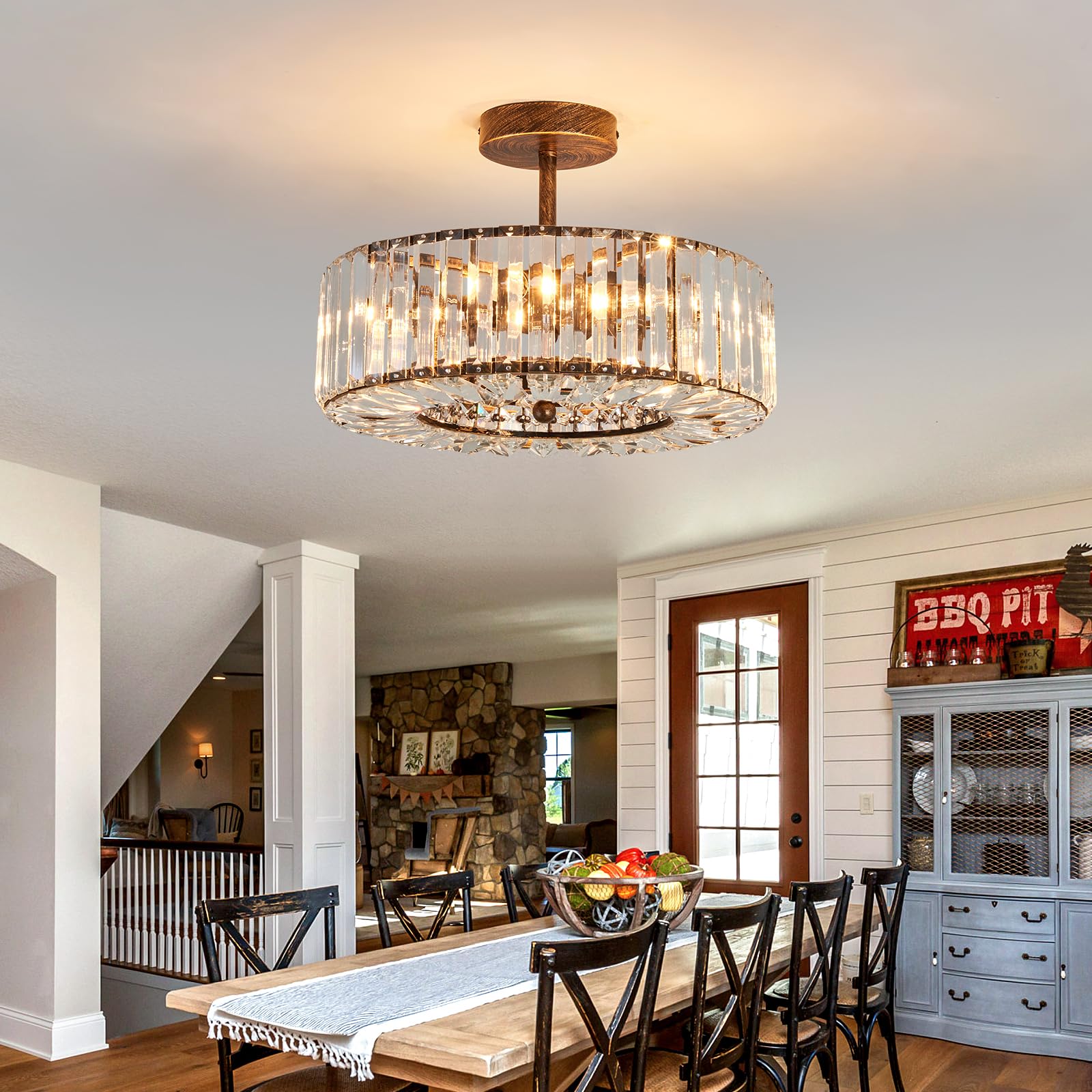 4-Light Modern Crystal Chandelier - Oil Rubbed Bronze Round Semi-Flush Mount Ceiling Light Fixture - Farmhouse Style Lighting for Dining Room, Living Room, Bedroom, Hallway, Entryway & Kitchen - Perfect for Home Decor, Wedding Venues and Restaurant Ambiance