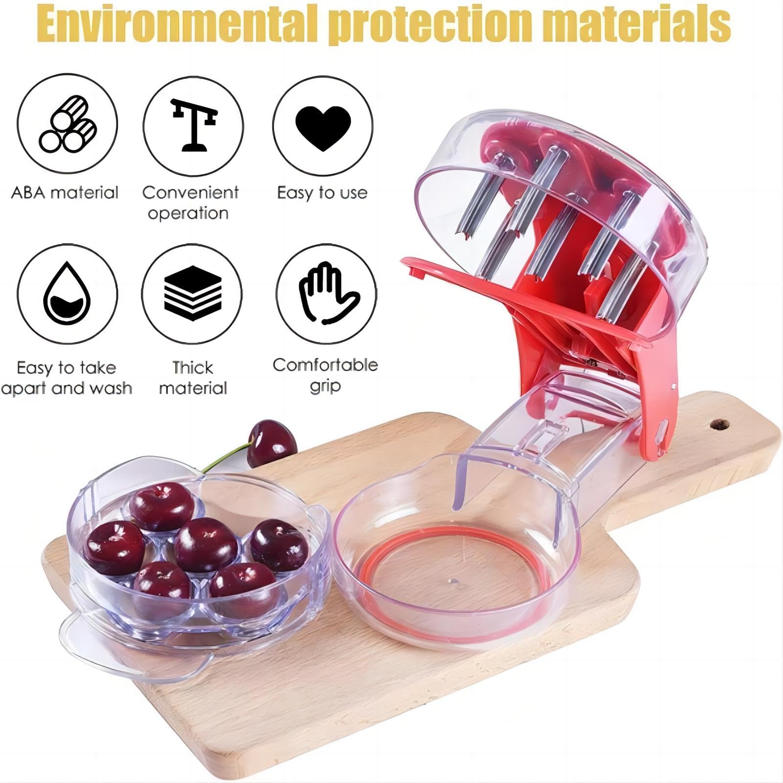 Stainless Steel Cherry Pitter - 6 Cherry Seed Remover Tool with Juice Container - Perfect for Baking, Canning, and Making Cherry Pies (Red)
