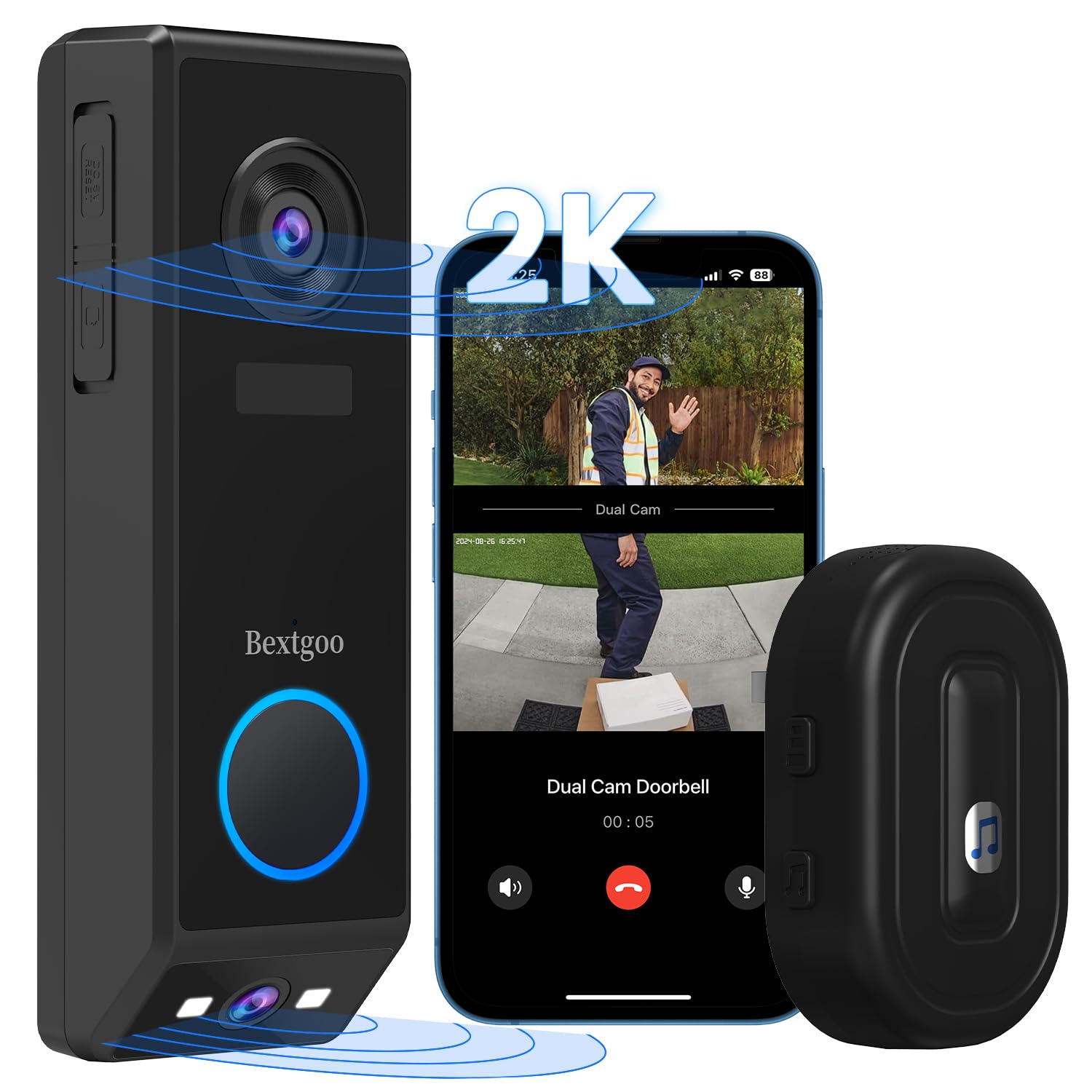 Bextgoo Wireless Dual-Lens Doorbell Camera - 2K 5MP HD Video, 10000mAh Battery, AI Motion Detection, 170° Wide Angle & Head-to-Toe View - Battery/Wired Powered for Home Security & Smart Door Monitoring
