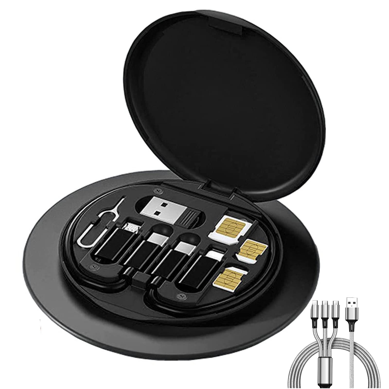 2023 New 9-in-1 Multi-Function Cable Organizer Case - Fast Charging USB C/Micro/Lightning Adapter Kit with 60W PD Charger - Portable Travel Cable Storage Box for iPhone, Android, iPad, Laptop - Perfect for Home, Office & Travel (Black, 1pc)