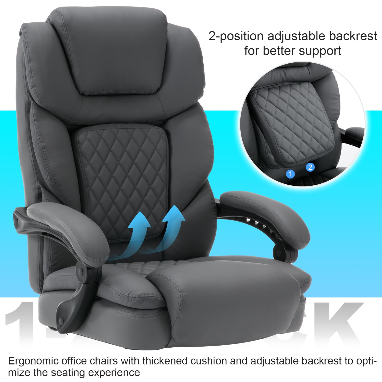 450lbs Heavy Duty Big & Tall Office Chair with Footrest - Ergonomic Reclining Leather Executive Desk Chair, Wide Seat for Back Support - Plus Size Managerial Chair in Gray - Perfect for Home Office, Gaming & Conference Rooms