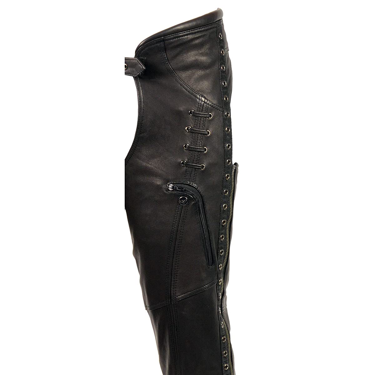 Premium Black Goat Skin Leather Motorcycle Chaps for Women - Lightweight, Durable & Stylish with Accent Lacing | Perfect for Riding, Biker Events & Outdoor Adventures - MLL6535