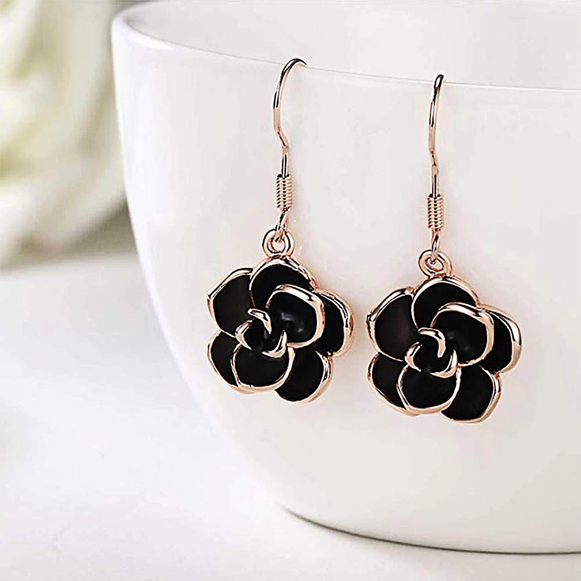 Rose Gold Plated Black Rose Dangle Drop Earrings - Elegant Fashion Jewelry for Women, Perfect for Evening Parties & Date Nights