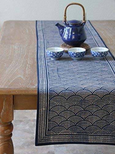 Blue Table Runner 18x90 Inches - Hand Block Printed Cotton Dining Table Centerpiece | 100% Washable Boho & Farmhouse Home Decor | Perfect for Wedding, Thanksgiving & Coffee Table Styling
