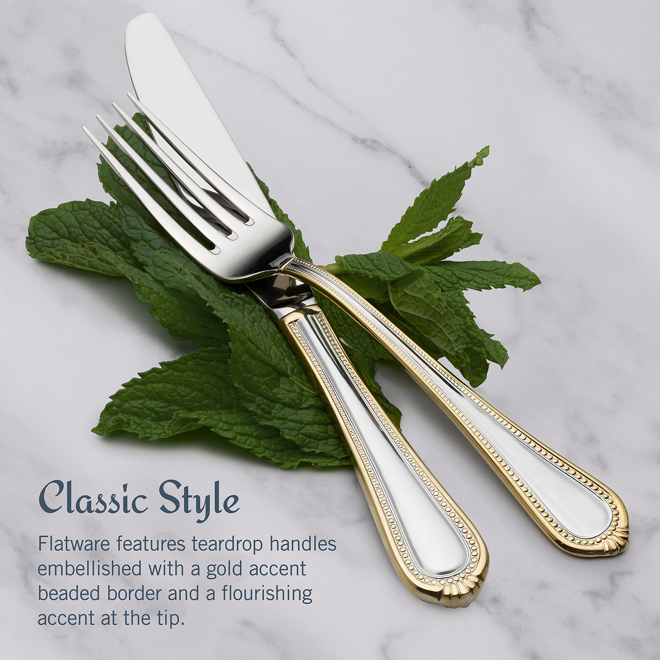 Mikasa 65-Piece 18/10 Stainless Steel Flatware Set with Gold Accent - Service for 12 Includes Serving Utensils - Elegant Dinnerware for Formal Dining, Weddings & Special Occasions