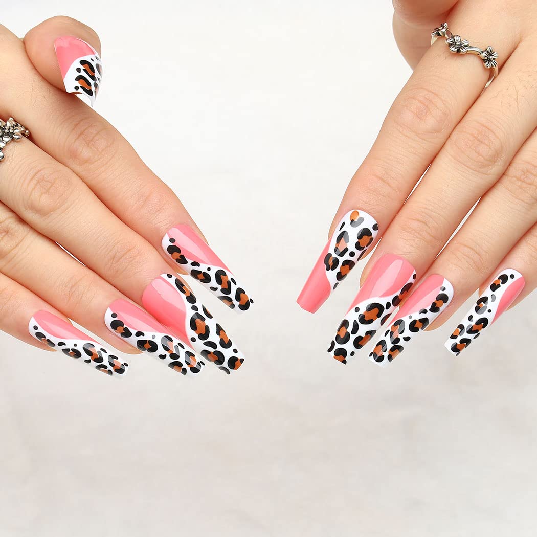 Extra Long Coffin Press on Nails - Glossy Pink Leopard Fake Nails with Ballerina Design - 24Pcs Full Cover Artificial Nails for Women & Girls - Perfect for Parties, Weddings, and Special Occasions