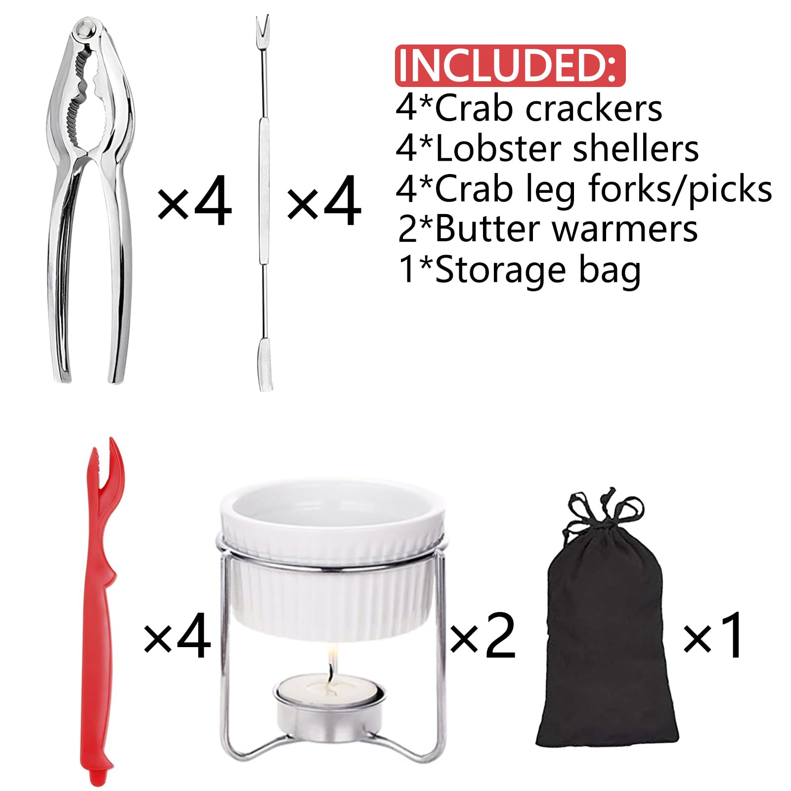 Premium 14-Piece Crab & Lobster Cracker Set - 4 Crab Leg Crackers, 4 Forks, 4 Shellers & 2 Butter Warmers - Seafood Feast Essential Tools for Crab Boils, Lobster Dinners & Seafood Parties