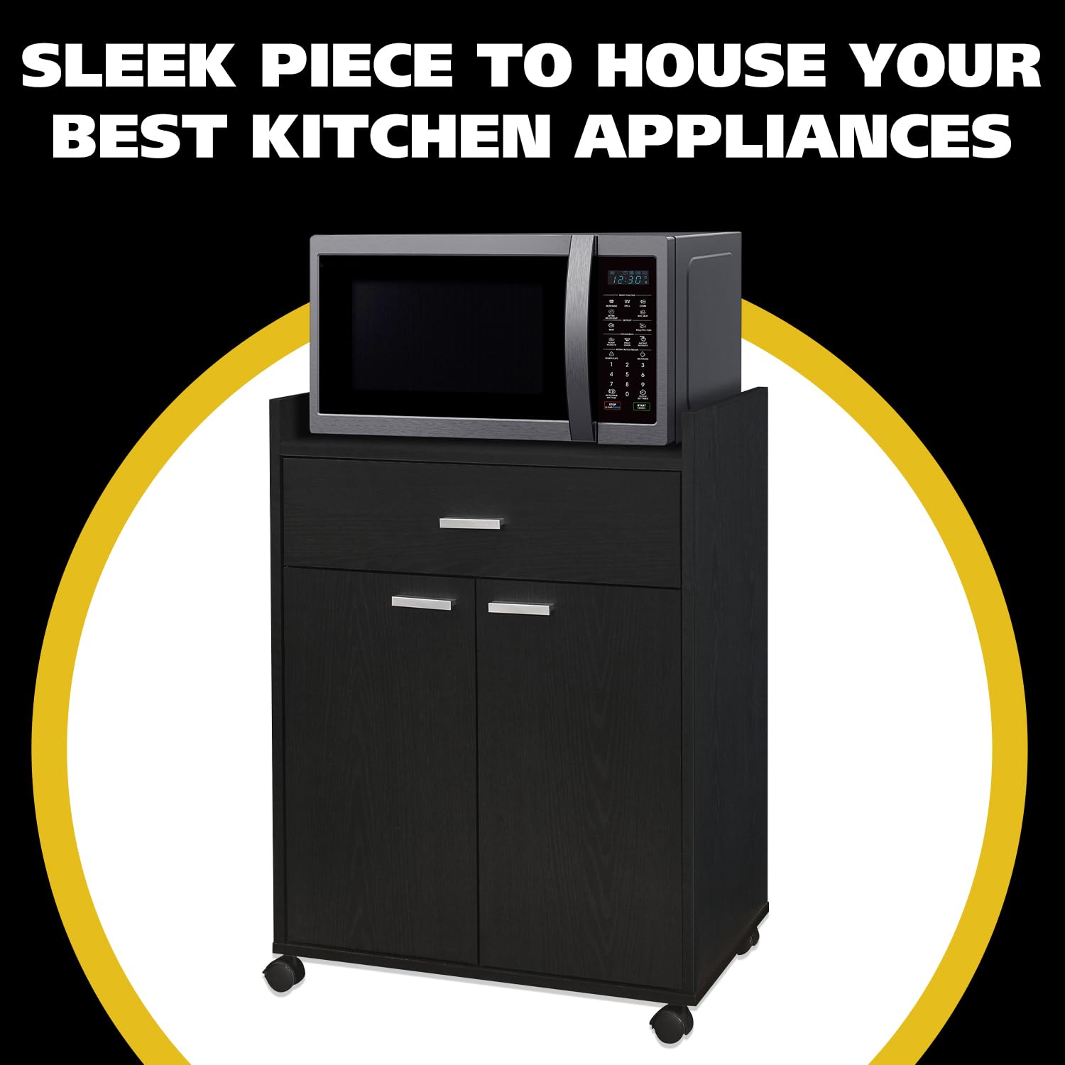 Kings Brand Kitchen Cabinet Rolling Cart with Wheels - Microwave Shelf Stand with Drawer & 2 Doors for Kitchen & Dining Room - Black | Space-Saving Storage Solution for Small Kitchens & Apartment Living