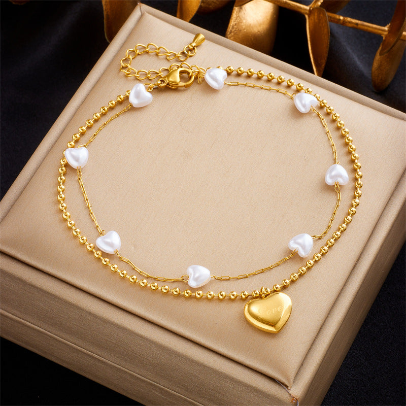 Layered Gold Heart Anklet Chain with Pearl Beads - Dainty Adjustable Ankle Bracelet for Women | Perfect for Beach, Wedding & Everyday Wear | NL640