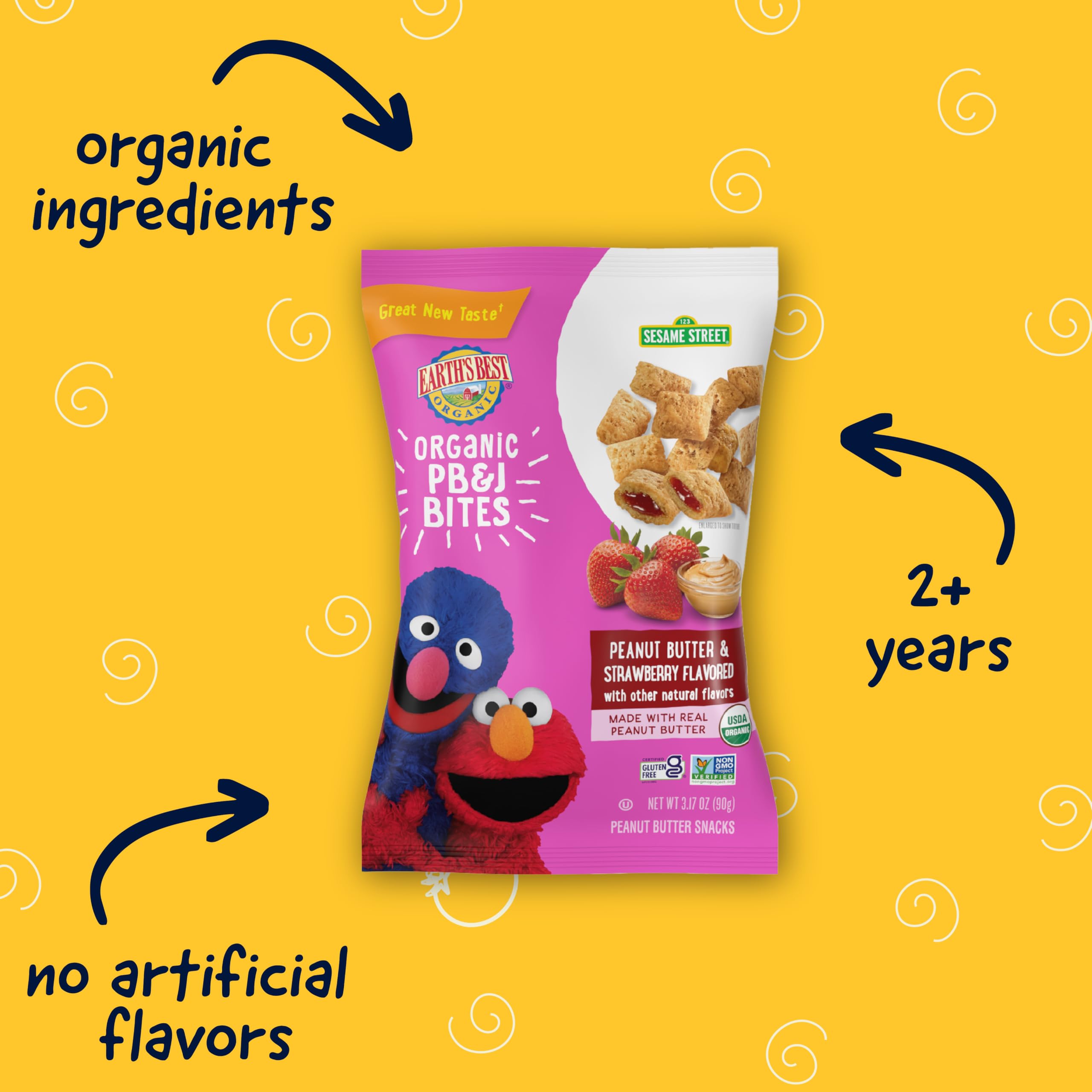 Earth's Best Organic Sesame Street Toddler Snacks - Peanut Butter & Strawberry Flavored PB&J Bites for Kids 2+ Years, 3.17oz (Pack of 6) | Healthy On-The-Go Snacks for Preschool, Daycare & Travel