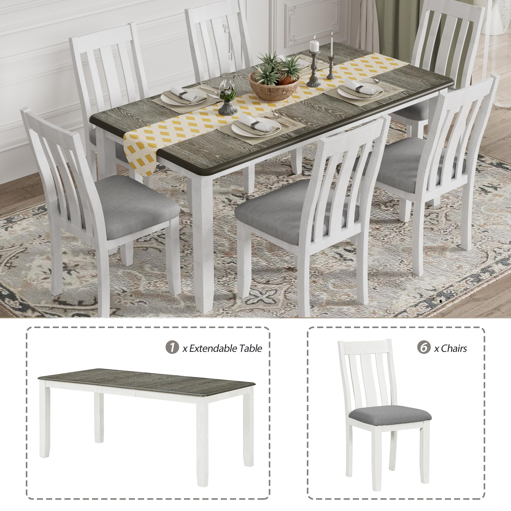 Vintage Extendable Dining Table Set with 6 Upholstered Chairs - 7-Piece Wooden Kitchen Table for Dining Room | Perfect for Family Gatherings & Dinner Parties