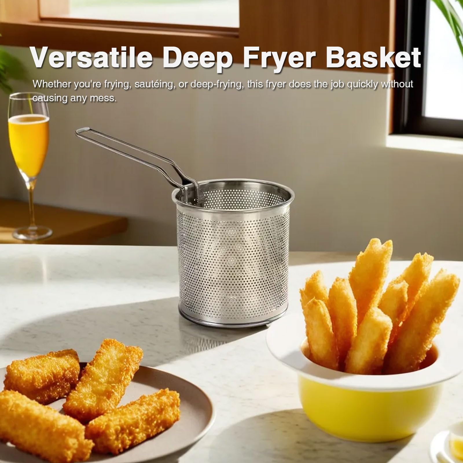 1.3-Quart Mini Deep Fryer Pot with Basket - Small Electric Fryer & Soup Pot with Tongs & Lid for 1-2 People - Gas & Induction Compatible - Dishwasher Safe - Perfect for Home Cooking, Camping & Small Kitchens