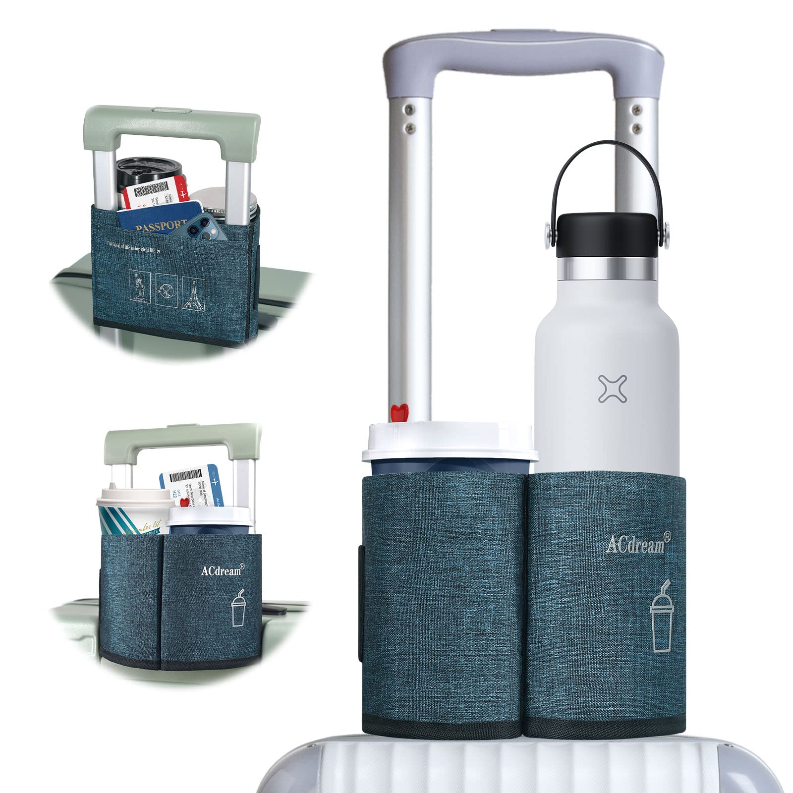 ACdream Luggage Cup Holder - Portable Suitcase Drink Carrier for Travel, Hands-Free Coffee & Water Caddy - Perfect Flight Attendant Gift & Airplane Travel Accessories (Green) | Ideal for Airports, Commuting, and Business Trips