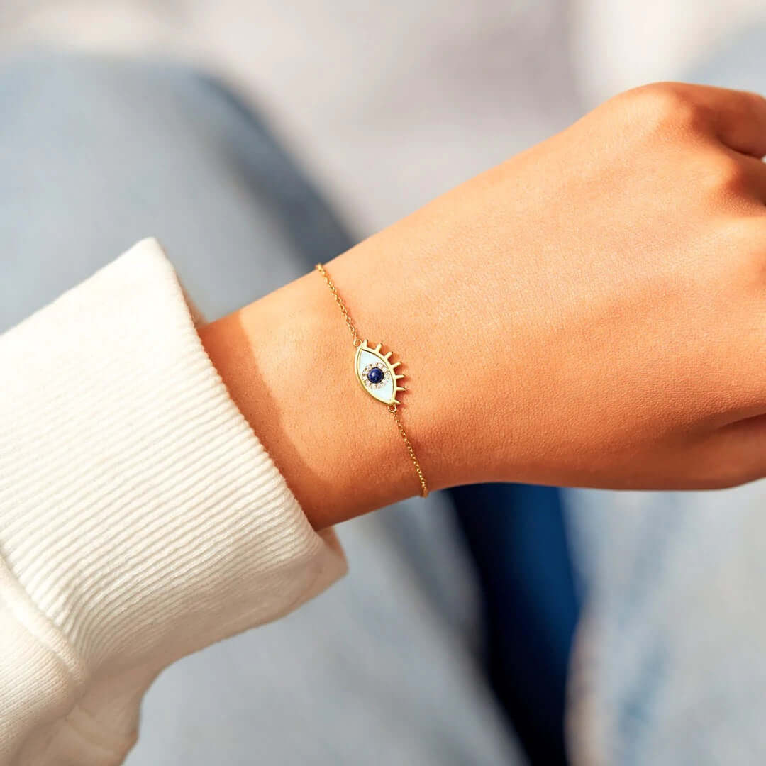 YS015 Sterling Silver Turkish Evil Eye Bracelet with Gold Accents - Protection & Style for Women | Perfect for Gifts, Everyday Wear & Spiritual Jewelry