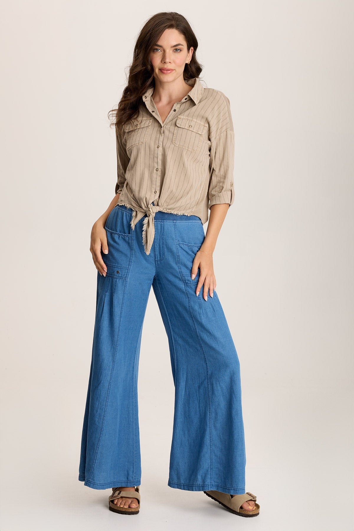 Florentine Mock Denim Wide Leg Pants for Women - High Waisted Stretch Comfort Pants - Casual Lounge, Work, and Travel Outfits