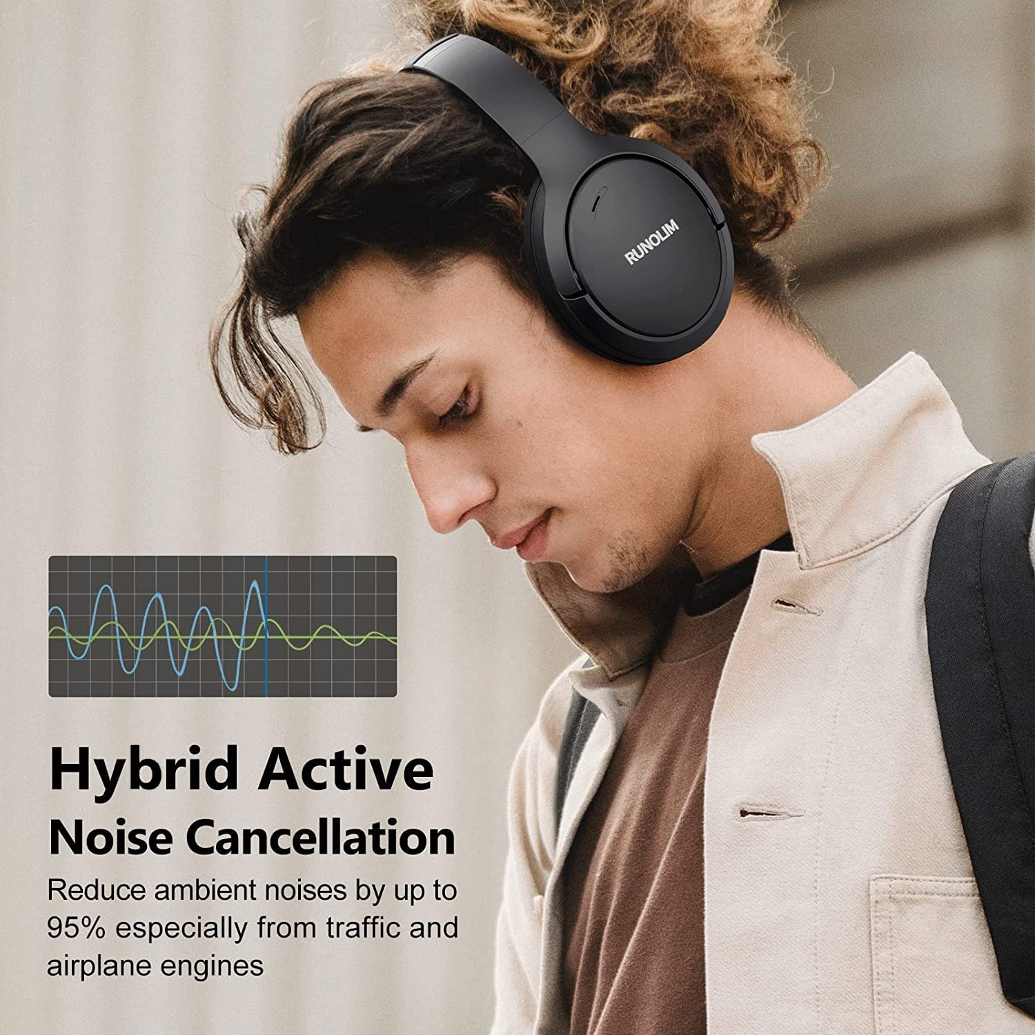 RUNOLIM Hybrid Active Noise Cancelling Wireless Over-Ear Bluetooth Headphones with Microphone - 70H Playtime, Foldable Design, HiFi Audio & Deep Bass - Perfect for Home, Travel, Office & Commuting