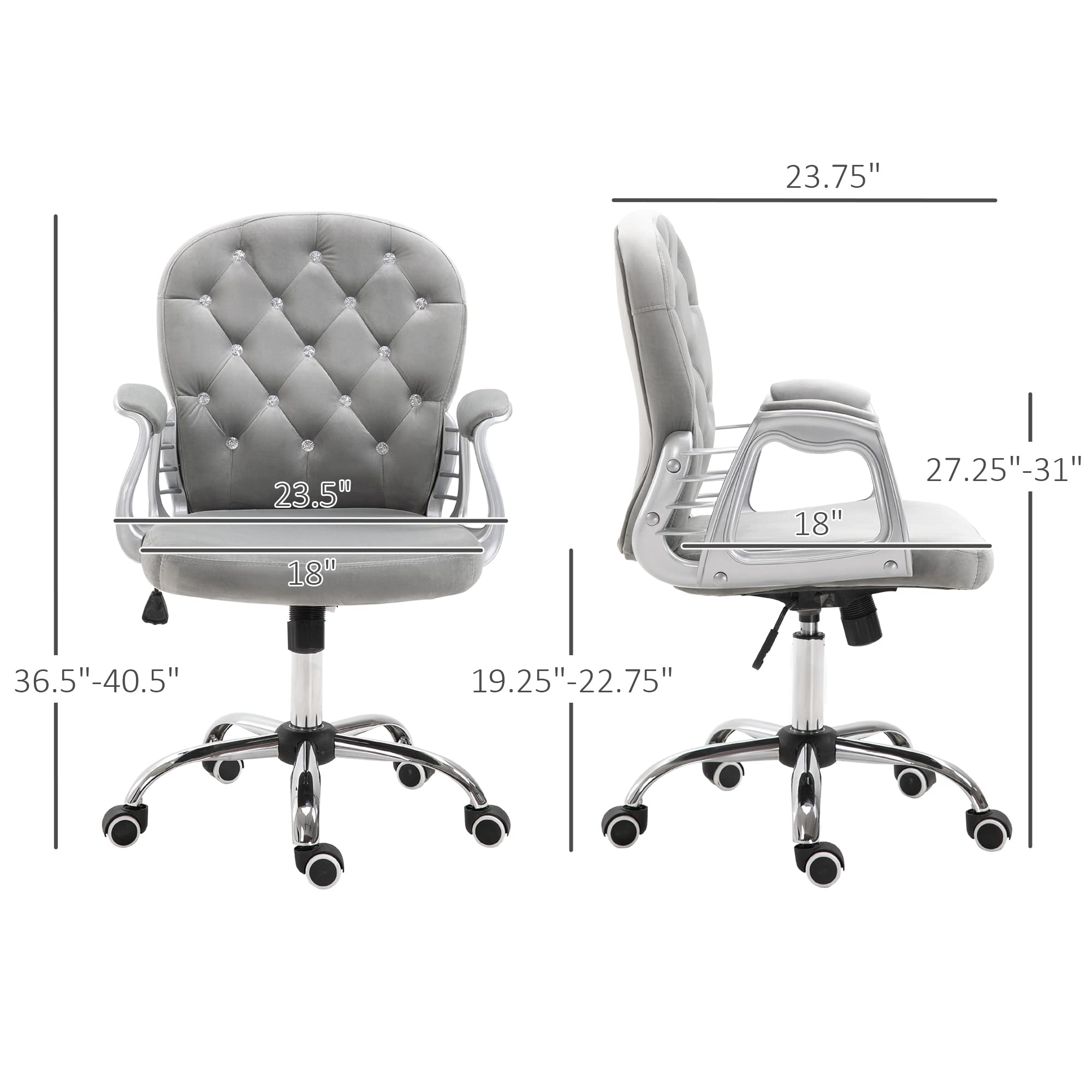 Vinsetto Velvet Home Office Chair - Button Tufted Ergonomic Desk Chair with Padded Armrests, Adjustable Height & 360° Swivel Wheels, Gray - Perfect for Home Office, Gaming & Study Workspace