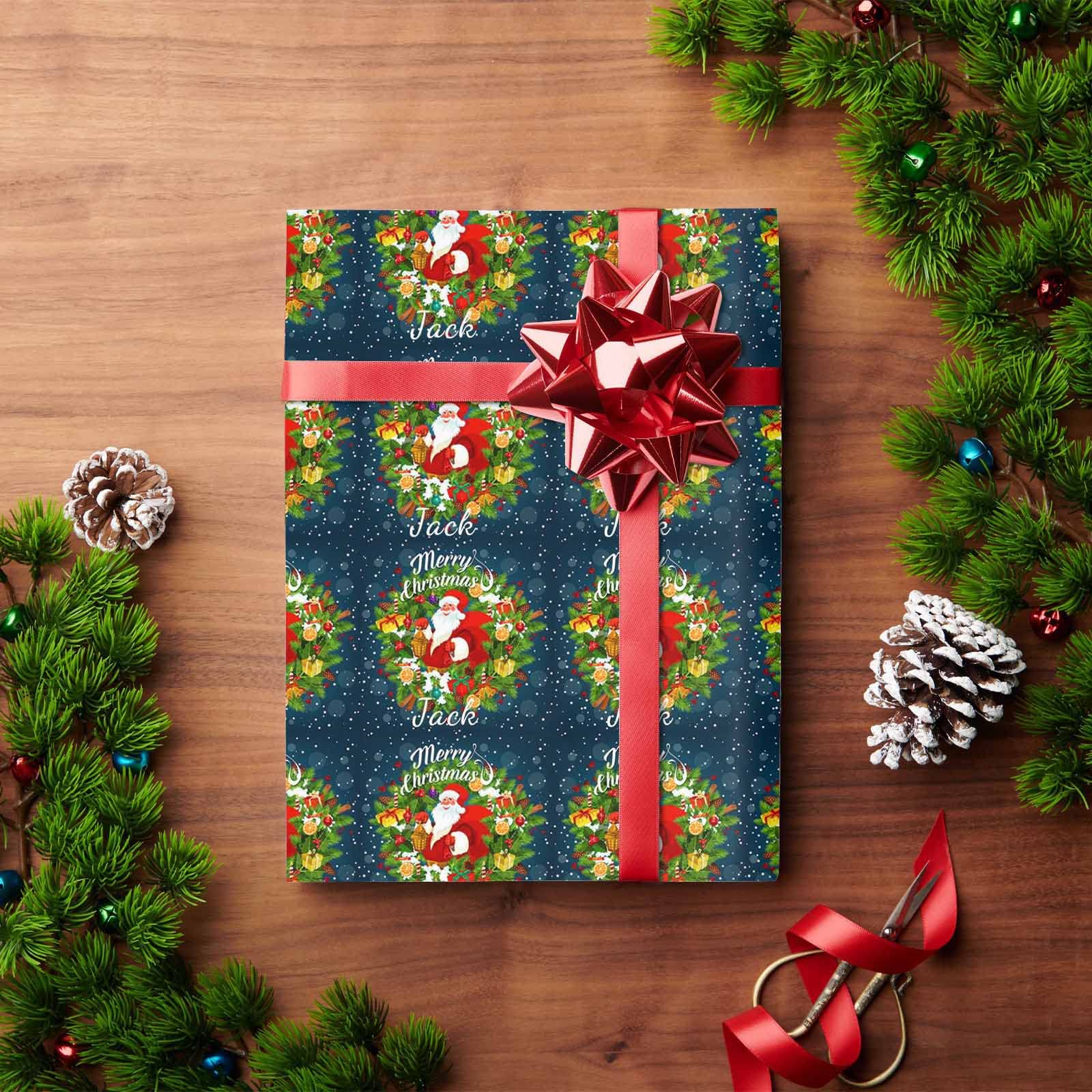 Personalized Christmas Wrapping Paper with Custom Name - Santa Claus & Wreath Design - 5 Rolls (58x23 inches) - Perfect for Gifts to Wife, Husband, Boyfriend, Girlfriend - Ideal for Holiday Presents, Secret Santa & Family Gift Exchanges