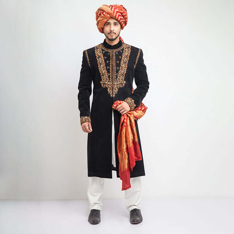 Jet Black Cocktail Velvet Sherwani for Men - Maharaja Style Slim Fit Indian Wedding Suit | Perfect for Grooms, Gala Events & Royal Celebrations