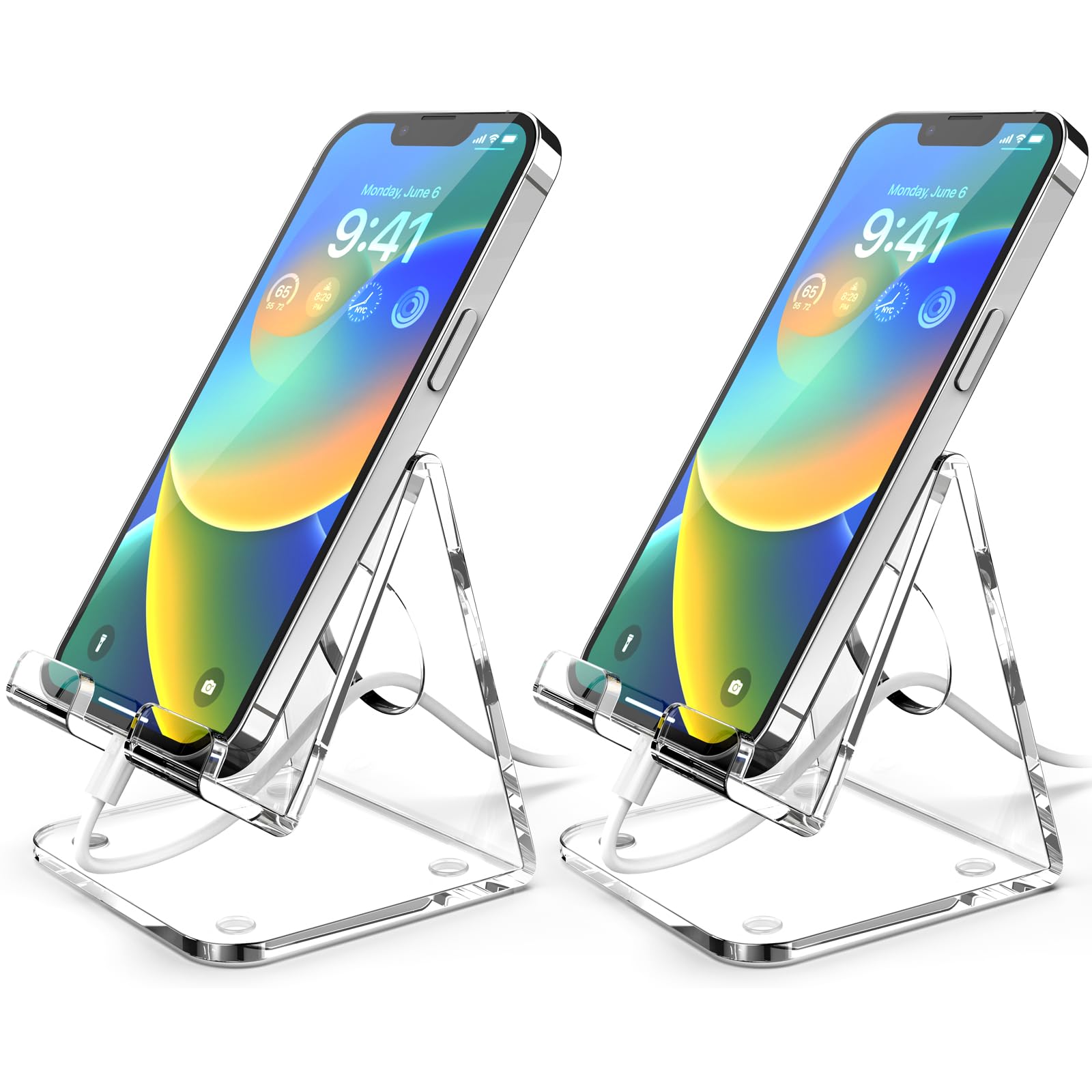 TOPGO 2 Pack Clear Acrylic Phone Stand - Universal Phone Holder for iPhone 16/15/14/13/12/11 Pro Max Plus, Samsung Galaxy, iPad, Kindle & Nintendo Switch - Perfect for Office Desk, Vanity, Kitchen Counter & Nightstand - Ideal for Video Calls, Gaming & Hands-Free Viewing