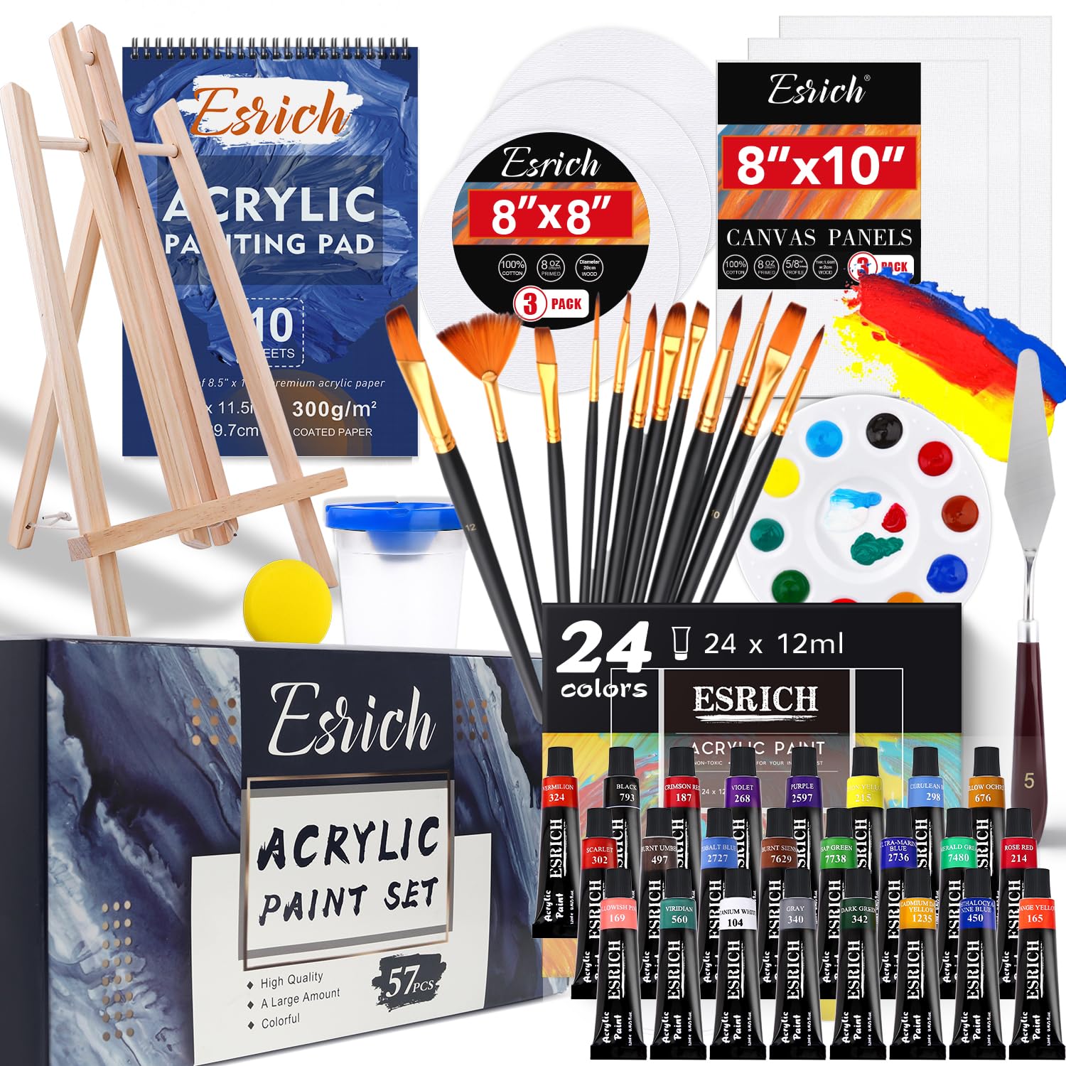 57 PCS Professional Acrylic Paint Set with Brushes, Easel, Canvases, Painting Pads, Palette & Accessories - Perfect for Beginners & Artists - Ideal for Canvas Painting, DIY Art Projects & Home Decor