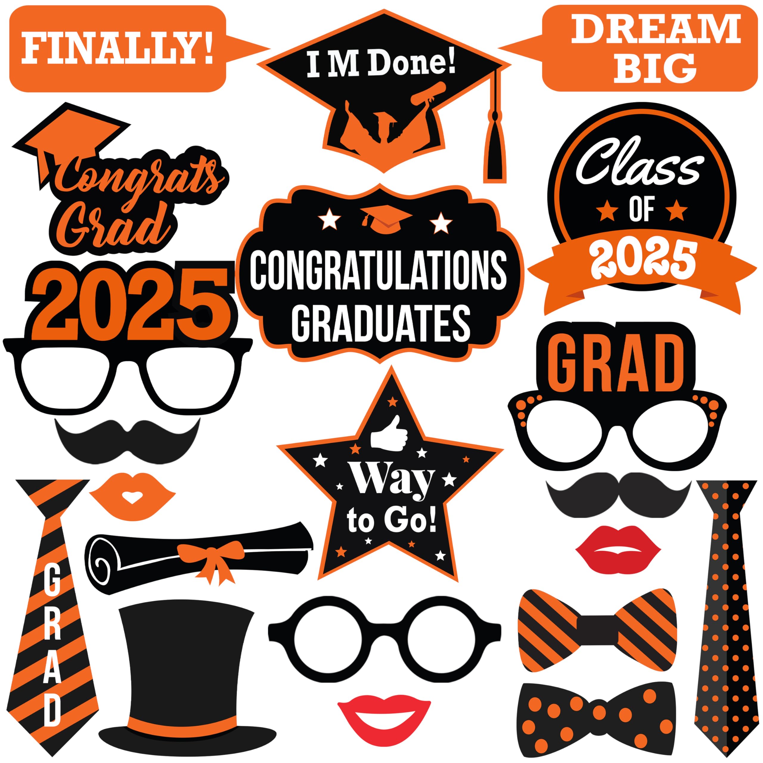 **KatchOn 2025 Graduation Photo Booth Props - Pack of 21 | Orange & Black Graduation Decorations for Class of 2025 | Perfect for Graduation Parties, Photo Booths & School Events**