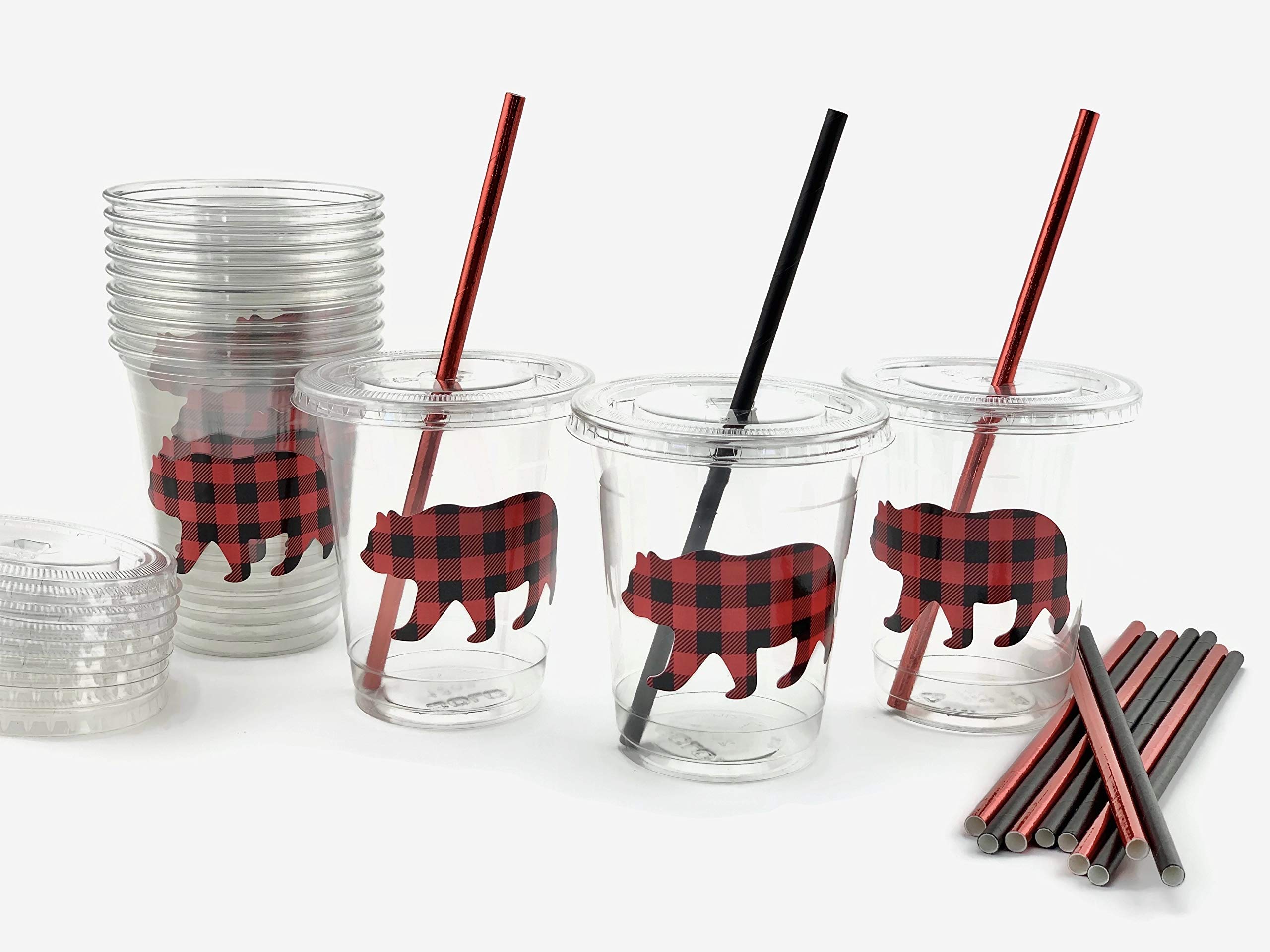 Buffalo Plaid Bear Baby Shower Cups - 12 Pack Lumberjack Themed Party Cups for Birthday, Baby Shower & Rustic Events - Perfect for Outdoor Picnics, Camping & Cabin Celebrations
