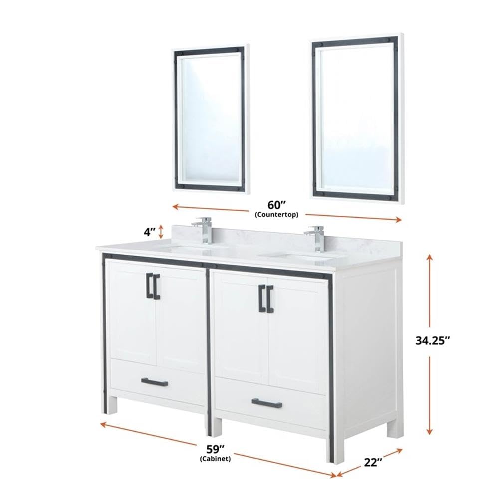 Ziva 60 Inch White Double Bathroom Vanity with Cultured Marble Top & 22 Inch Mirrors - Modern Bathroom Storage Solution for Master Bath or Guest Bath Remodel