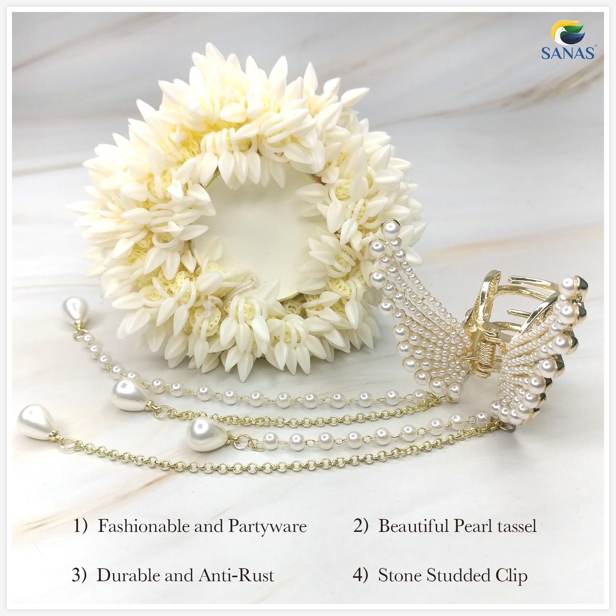 Artificial Mogra Gajra Scrunchie & Pearl Butterfly Hair Clip Set - Traditional Floral Hair Accessories with Gold Accents for Women - Perfect for Weddings, Festivals & Special Occasions (White) - Boho Bridal Hair Jewelry & Indian Cultural Events