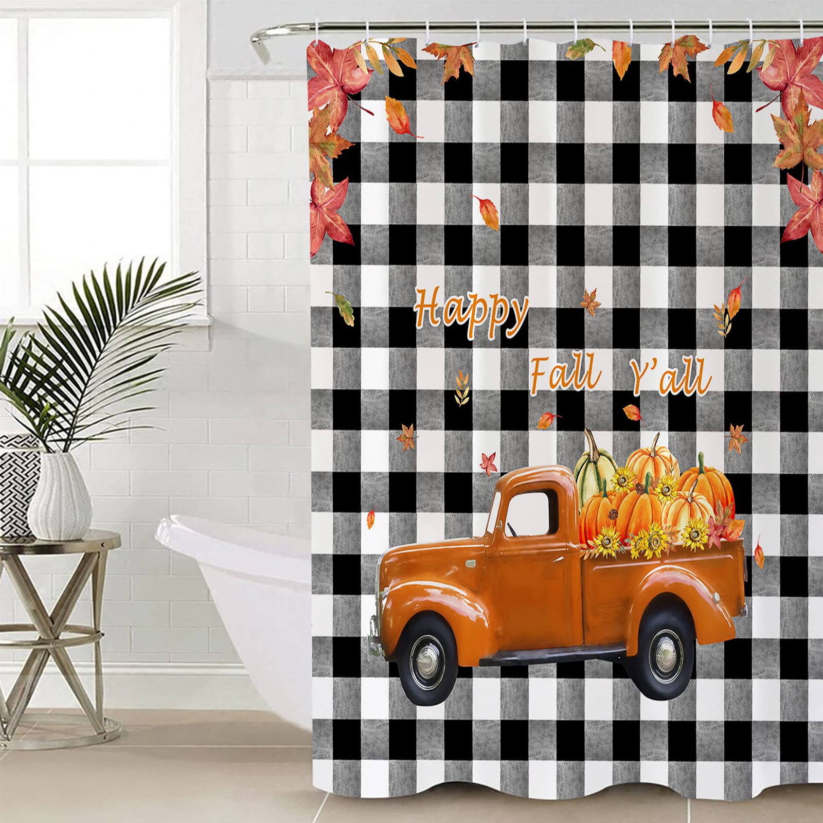 Thanksgiving Pumpkin Waterproof Shower Curtain Set - 36 x 72 Inch Fall Plaid Polyester Bathroom Decor with 12 Hooks | Rustic Farmhouse Bathroom Accessories for Autumn, Halloween & Holiday Season